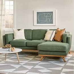 Sectional Mid Century Modern, Green Sectional Sofa Living Room, Article Couch Living Room, How To Style Green Sofa, Mid Century Modern Meets Boho, Midcentury Boho Living Room Decor, Colorful Couch Living Room, Mid Century Modern Decor Living Room, Mid Century Modern Living Room Apartment