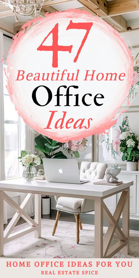 says 47 beautiful home office ideas with feminine home office white and wood desk white desk chair flowers wall art below says home office ideas for you Small Glam Office, Modern Home Offices For Women, Red Home Office Ideas, Women’s Office Decor Ideas, Transitional Home Office Design, Womens Home Office Decor Ideas, Mom Office Ideas, Home Office Guest Room Combo Layout Decorating Ideas, Women’s Office Decorations