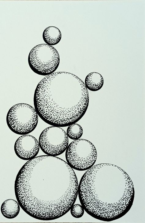 Black stippled circles shaded with stippling creating Spheres balanced on one another Simple Pointilism Art, Easy Stippling Art, Drawing Ideas Letters, Stipling Ideas Easy, Easy Charcoal Art, Stippling Art Ideas Easy, Stippling Drawing Easy, Stippling Drawing Ideas, Frame Drawing Ideas