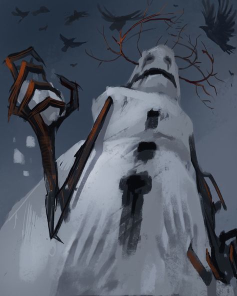 Snowman Concept Art, Horror Christmas Art, Snowman Anime, Halloween Monsters Art, Creepy Christmas Art, Christmas Concept Art, Snowman Artwork, Christmas Horror Art, Creepy Snowman