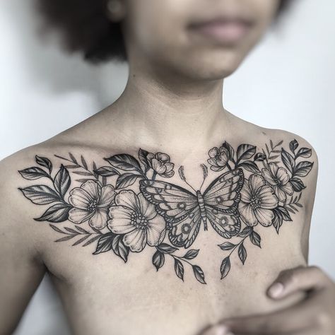 Boho Chest Tattoo Female, Women’s Chest Tattoos, Women’s Chest Tattoo, Chest Piece Tattoos For Women, Floral Chest Tattoo Female, Hand Tattoos Skull, Feminine Chest Tattoo, Chest Tattoo Flowers, Shoulder Piece Tattoo