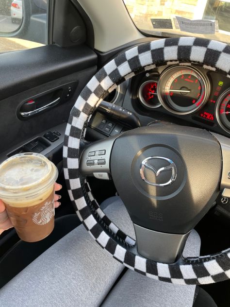 cute steering wheel cover, clean car aesthetic, productive aesthetic, car goals, car inspo, cute car decor, starbucks aesthetic Car Decor Minimalist, Checkered Steering Wheel Cover, Cute Steering Wheel Covers Aesthetic, Car Steering Wheel Cover Aesthetic, Car Wheel Decor, Car Decor Theme Ideas, Athstetic Car Interior, Cute Truck Interior Ideas, Minimalist Car Decor