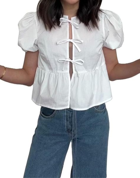 Tie Front Tops for Women Y2k Short Puff Sleeve Blouse Ruffle Hem Peplum Shirt Reversible Babydoll Tops Summer Streetwear G White at Amazon Women’s Clothing store White Shirt With Puffy Sleeves, Short Puff Sleeve Blouse, Y2k Blouse, Tie Front Tops, Job Outfits, Babydoll Tops, Blouse With Bow, Bow Tie Top, Ruffle Hem Blouse