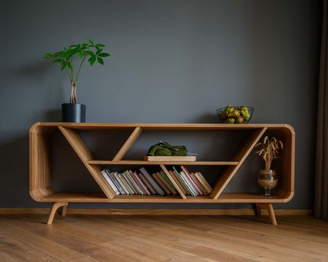 Minimalistic Furniture Design, Luxury Wood Furniture, Geometric Shelving, Low Bookshelf, Open Sideboard, Bookshelves Storage, Solid Oak Furniture, Turntable Stand, Natural Luxury