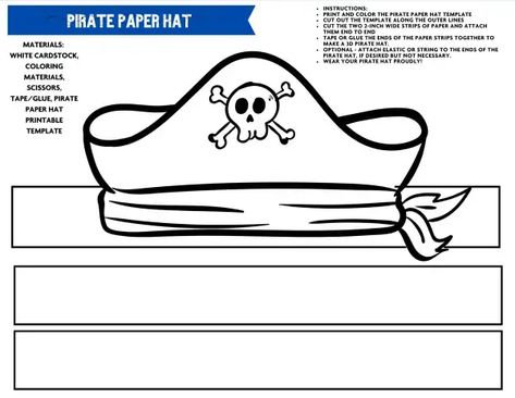 Pirate Hats Craft Preschool, Pirate Hat Printable Template, Free Printable Pirate Hat, Pirate Hat Template Free Printable, Printable Pirate Hat, Pirate Hat Craft, Pirate Hat Template, Pirate Crafts Preschool, Pirate Hat Crafts