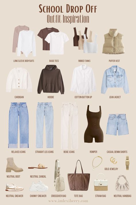 School drop off outfit ideas for mom! One less thing to worry about as the school year quickly approaches! 🤍 Playdate Outfit For Mom Winter, Easy Outfits For Moms, Casual Outfit For Home, Mom Playdate Outfit Summer, Casual Rich Mom Outfits, Museum Mom Outfit, Going Out Mom Outfit, New Mom Clothes Style, Mom Wear Outfit Ideas