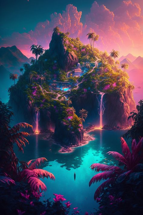 Tropical Paradise City on a Sunset Island Digital Painting Desktop Wallpaper Tropical Castle Fantasy Art, Paradise Fantasy Art, Tropical Fantasy City, Colorful Scenery Painting, Fantasy Tropical City, Tropical Fantasy Art, Fantasy Island Aesthetic, Fantasy Inspiration Scenery, Island Fantasy Art