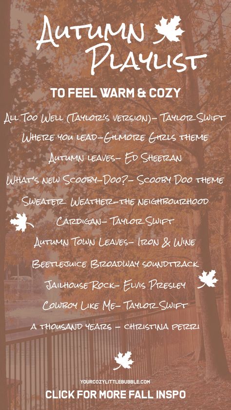 autumn playlist- cozy autumn vibes Fall Songs For Instagram Story, Cozy Fall Playlist, Fall Songs Playlist, Fall Playlist Names, Fall Music Playlist, Best Night Routine, Cozy Fall Night, Autumn Songs, Night Routine Ideas