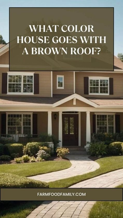 What Color House Goes with a Brown Roof: Ideal Palettes for Curb Appeal 18 Grey Siding Brown Roof, House Brown Roof Exterior Paint, Houses With Tan Roofs, Brown Roof Ranch House, House Colors Exterior With Brown Roof, Exterior House Colors Tan Roof, Exterior Paint For Stucco House Ideas, Light Roof Color, Cream House Brown Trim