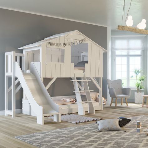 Treehouse Bunk Bed with Slide is the perfect gift for your kids. Its beautiful design will make your child's bedroom the coolest place in the house Treehouse Bunk Bed, Cabin Bunk Beds, Bunk Bed With Slide, House Bunk Bed, Kura Bed, Bunk Beds With Stairs, Cabin Bed, Bunk Bed Designs, Bed With Slide