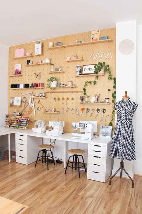 Tour of the Megan Nielsen Studio! Sewing Machine Storage Small Space, French Atelier Studio, Wall Adhesive Ideas, Peg Board Painted, Moody Sewing Room, Craft Room On A Budget Diy, Sewing Room Peg Board, Peg Board Craft Room, Peg Board Office