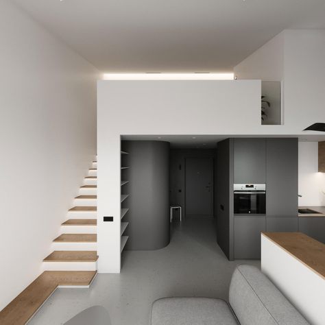 Duplex apartment designed by Pogodin Rogov Group, is an apartment for a young couple in Korolev, Moscow Region. High ceilings made it possible to form a second level for a bedroom with a wardrobe, resulting in a concise two-light space, as well as an increased useful area. #architecture #house #fashion #decor #diy #homedecor #amazingarchitecture #interiordesign #contemporanyhome #modern #residence #designer Aesthetic Decoration Ideas, Modern A Frame Cabin, Apartemen Studio, Place In London, Slope House, Living Room Aesthetic, Mini Apartments, Aesthetic Decoration, Mini Loft