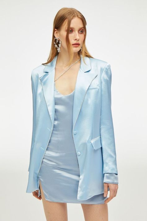 Couture, Blue Crystal Dress, Nana Jacqueline, Blazer Bleu, Crystal Dress, Satin Blazer, Crystal Diamond, Crystal Chain, Mesh Long Sleeve