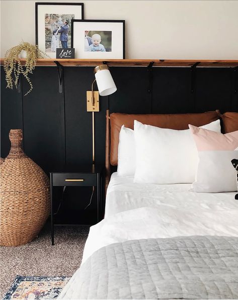 Spec House Tour Photos | Apartment Therapy England Apartment, Black Headboard Bedroom, Black Walls Bedroom, Headboard Bedroom, Picture Shelf, Black Nightstand, Biltmore House, Blue Bonnet, Rustic Headboard