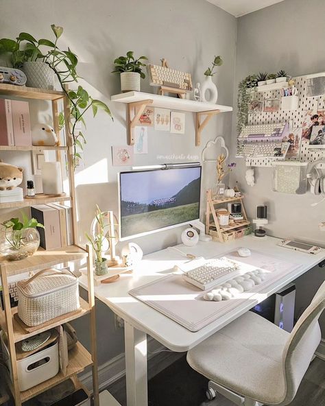 dug into my archives for any photos that I haven't shared with a hint of light peaking through ☀️ now that we're slowly approaching the… | Instagram Center Of Room Desk, Cozy Corner Office, Desk Ideas Small, Small Desk Ideas, Small Office Ideas Home, Small Office Ideas, Small Office Layout, Small Office Interior, Kawaii Office