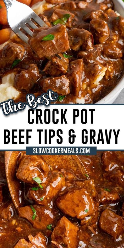 Tender chunks of stew meat are seasoned before being slow-cooked to perfection in this easy recipe for Crock Pot Beef Tips and Gravy! Made with just ten ingredients, the result is a mouthwatering beef dish with a savory gravy that is perfect for an easy family meal. Crock Pot Stew Meat Recipes, Crock Pot Beef Tips, Beef Tip Recipes, Crock Pot Beef, Beef Tips And Gravy, Easy Crockpot Dinners, Stew Meat Recipes, Crockpot Recipes Beef, Beef Tips