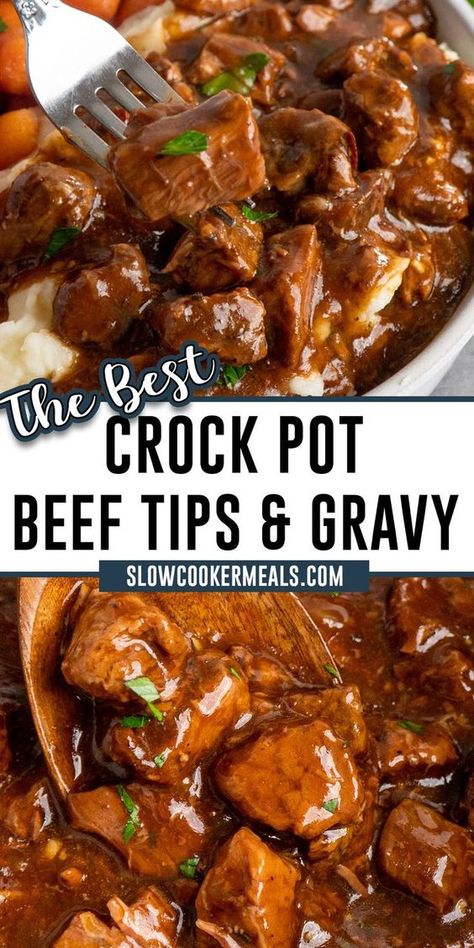 Tender chunks of stew meat are seasoned before being slow-cooked to perfection in this easy recipe for Crock Pot Beef Tips and Gravy! Made with just ten ingredients, the result is a mouthwatering beef dish with a savory gravy that is perfect for an easy family meal. Crock Pot Stew Meat Recipes, Crockpot Beef Tips And Gravy, Crockpot Beef Tips, Crock Pot Beef Tips, Beef Tip Recipes, Crock Pot Beef, Beef Tips And Gravy, Crockpot Stew, Easy Crockpot Dinners