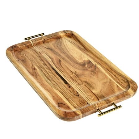 Serve up breakfast in bed, snacks for movies, drinks, or even an array of desserts with the Better Homes & Gardens Acacia Wood Tray with Gold color Handles. The acacia wood tray is durable enough for day-to-day usage, as well as moisture resistant. This comes with one gold color handled tray so you can enhance the look of the room, or even leave it on a coffee table to give books, a candle, and your remote a home between usesthe Better Homes & Gardens Acacia Wood Tray with Gold color Handles can Snacks For Movies, Stone Fireplace Makeover, Serveware Entertaining, Serving Tray Wood, Fireplace Makeover, Taper Candle Holders, Tea Tray, Gold Handles, Breakfast In Bed