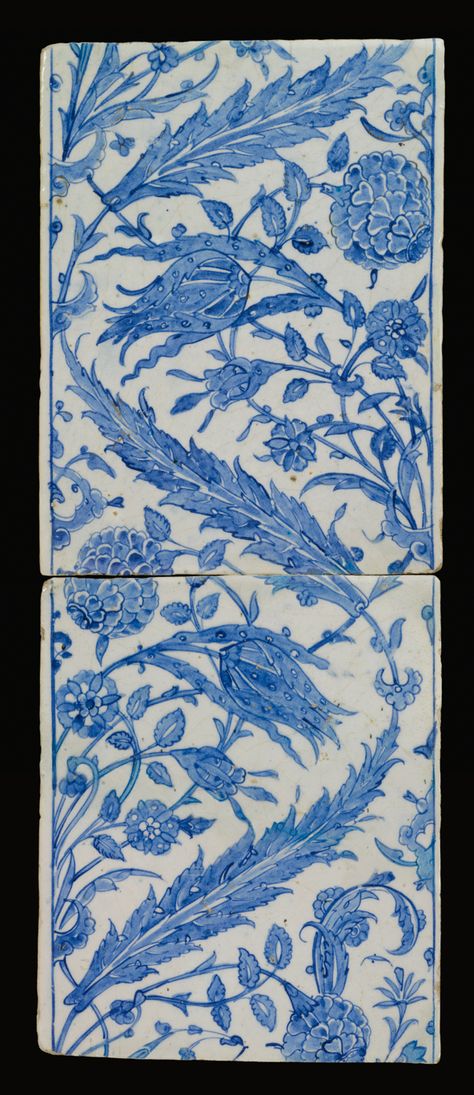 TWO OTTOMAN BLUE AND WHITE TILES, TURKEY OR SYRIA, LATE 16TH CENTURY each of rectangular form, decorated in cobalt blue, with issuing sprays of saz leaves, tulips, carnations and rosettes Ottoman Tiles, Blue And White Tiles, Beautiful Tiles, Islamic Tiles, Iznik Tile, Turkish Tile, Turkish Tiles, Art Ancien, Turkish Art