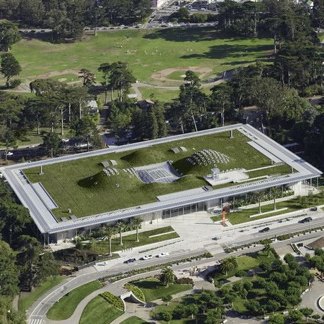 California Academy of Sciences - Efficient Building Design http://www.calacademy.org/efficient-building-design Renzo Piano, Norman Foster, Santiago Calatrava, Living Green Roof, Golden Gate Park San Francisco, California Academy Of Sciences, Science Park, Living Roofs, San Francisco Museums