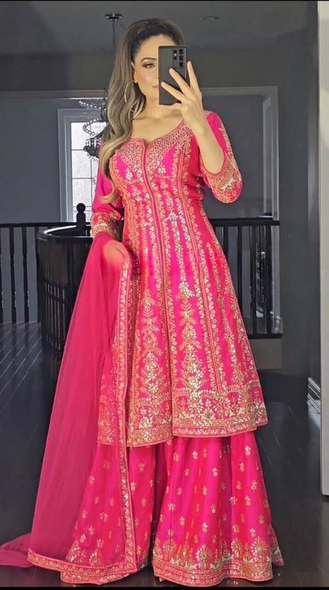 PAKISTANI SALWAR KAMEEZ SUITS WEDDING PARTY READY TO WEAR GOWN INDIAN BOLLYWOOD Pink Sharara Suit, Plazo Dress, Long Anarkali Dress, Bridesmaid Suits, Dresses Party Long, Pakistani Dresses Party, Pink Sharara, Full Sleeve Top, Bollywood Dress