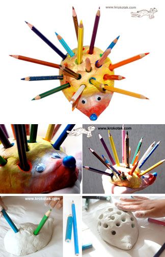 kids art materials:  Make a HEDGEHOG Pencil Holder Easy Clay Projects For Kids, Elementary Clay Projects, Clay Projects For Kids, Clay Lesson, Clay Crafts For Kids, Kids Clay, Pencil Holders, Hobbies For Kids, Kids Pottery