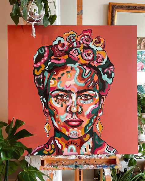 Morgan Gray on Instagram: “hello friends! i did this 3ftx3ft painting of Frida Kahlo this week. i think this is my largest portrait ever and i really loved working…” Frida Khalo Paintings Portraits, Tela, Frida Kahlo Acrylic Paintings, Self Portrait Painting Abstract, Painting For Best Friend, Abstract Cartoon Art, Frida Kahlo Inspired Art, فريدا كاهلو, Frida Kahlo Prints