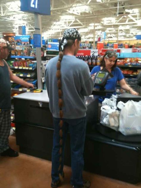 His hair is so long!!!!  I have never saw a ponytail that long. Super Long Hair, Humour, Ryan Gosling, Meanwhile In Walmart, Walmart Customers, Walmart Funny, Walmart Photos, Wal Mart, Crazy People