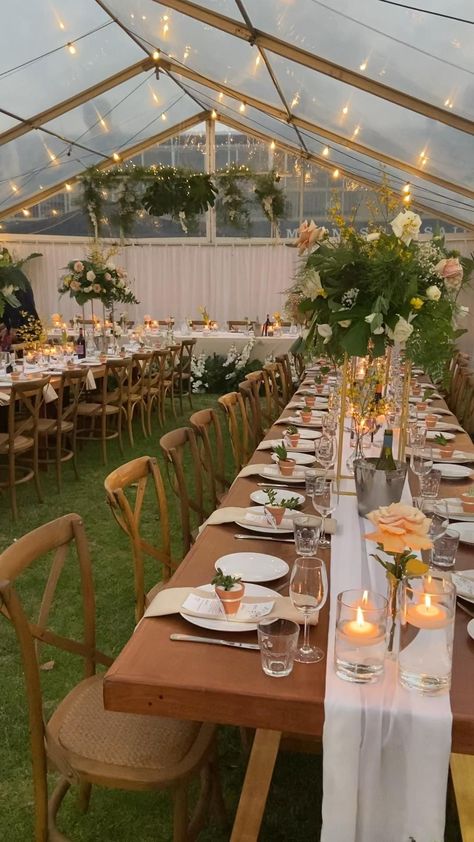 Wedding Set Ups Receptions, Small Wedding Long Table, Wedding Outdoors Decoration, Tent Wedding Reception Layout 40x60, Outdoor Chic Wedding Decor, Wedding Garden Party Ideas, Outdoor Tent Wedding Reception Backyards, Outdoor Banquet Ideas, Lighting For Wedding Reception Outdoor