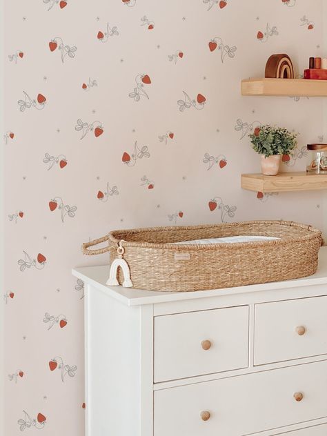 Bring a touch of sweetness to your child's space with our Strawberry Modern Beige Wallpaper. The vibrant red strawberries on a neutral beige background create a fun and playful atmosphere, perfect for a kids room or nursery. Made with high-quality, eco-friendly materials, this wallpaper is easy to install and adds a fresh and modern touch to any space. Order now to bring a touch of nature to your little one's room! Neutral funky removable wallpaper for kids room or nursery! We create any custom Peel And Stick Wallpaper Kids, Wallpaper Kids Room, Strawberry Wallpaper, Pantone Colours, Wallpaper Kids, Custom Background, Fruits For Kids, Beige Wallpaper, Kids Room Wallpaper