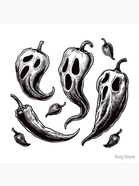 "Ghost peppers" Sticker for Sale by Katy Stone Ghost Pepper Drawing, Ghost Pepper Tattoo, Creepy Food Art, Ghost Holding Pumpkin Tattoo, Cute Skull Drawing, Simple Halloween Tattoos, Horror Doodles, Spooky Drawings, Pepper Tattoo