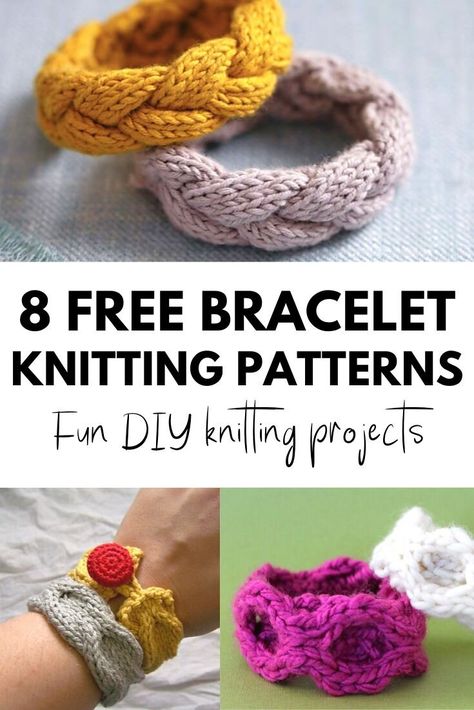 8 Free Bracelet Knitting Patterns - Fun DIY Friendship Bracelets. Easy projects that knit up fast and are perfect for stash busting! #knitting #friendship #bracelets #cables #knit #knitbracelets #craftideas Knitted Friendship Bracelet, Knit Bracelet Pattern Free, How To Knit A Bracelet, Fast Knit Projects, Knitted Jewelry Patterns Free, Knitted Bracelets Pattern, Free Friendship Bracelet Patterns, Fast Knitting Projects, Easy Knit Projects