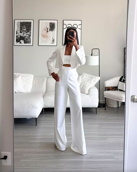 2 Piece Set, Wide Leg Pants, White Blazer - Brenna Anastasia Blog Blazer Top For Women, White Blazer And White Pants Outfit, Pants And Blazer Outfit Party, White Business Pants Outfit, Suits For Women Cropped Blazer, White Jeans Night Outfit, All White Business Outfit, White Two Piece Outfit Pants, Outfit Ideas With White Pants