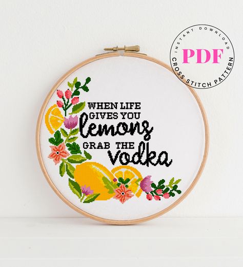 Whan life gives you lemons funny cross stitch pattern . Funny cross stitch pattern , quote cross stitch pattern , sassy cross stitch , subversive cross stitch , easy counted cross stitch chart, xstitch, punto croce, embroidery, point de croix, Sticken im Kreuzstich. Original cross stitch pattern designs . Instant Download PDF . 十字繡 , 十字绣 , クロスステッチ. Fabric: Aida 14, White 150w X 140h Stitches Size: 14 Count, 10.6w inches (27.2cm) X 9.84h inches (25.4cm) Number of colors: 16 DMC This PDF pattern I Funny Cross Stitch, Xstitch Patterns, Funny Cross Stitch Patterns, Subversive Cross Stitch, Pattern Quotes, Animal Cross Stitch Patterns, Cross Stitch Funny, Modern Cross Stitch Patterns, Modern Embroidery