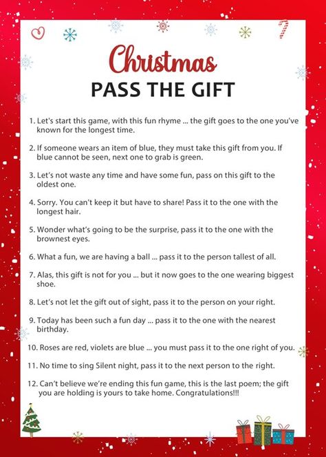Christmas Pass the Gift | Holiday Party Games Printable Pass The Gift Poem Game, Natal, Christmas Candy Pass Game, Pass The Bow Christmas Game, Family Christmas Eve Games, Christmas Games Pass The Gift, Christmas Pass The Gift Poem, Pass The Prize Christmas Game, Pass The Present Game Christmas For Kids