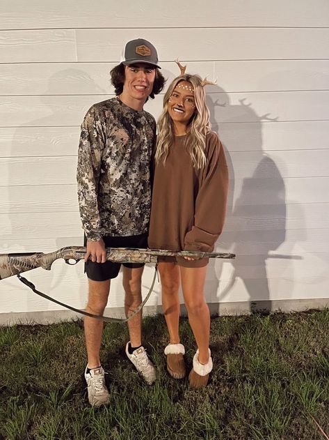 #halloweenideas #halloweentips Couple Western Halloween Costumes, Doe And Hunter Couple Costume, Hallow Costumes For Couples, Couple Halloween Costumes Deer Hunter, Hunting Couple Halloween Costumes, Hunter And Doe Couple Costume, Couples Outfits Halloween, Hunter Deer Couple Costume, Cow And Cowboy Costume