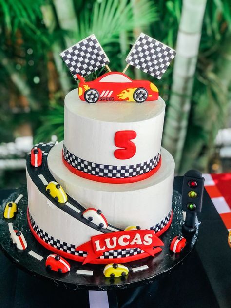 Race car birthday cake Car Themed Cake, Race Car Birthday Cake, Two Fast Two Furious, Car Birthday Cake, Racing Cake, Cars Theme Cake, Race Car Cakes, Topper Name, Rainbow Cake Topper