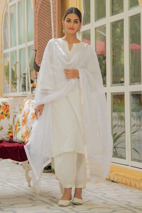 Shop for these amazing collections of White Cotton Embroidery Round Kurta Set For Women by Maison Shefali online at Aza Fashions. Cotton Kurta Set, Kurta Set For Women, Dhoti Pants, Jumpsuit Skirt, A Line Kurta, Embroidered Pants, Pant Set For Women, Embroidery Suits Design, Baby Hats Knitting