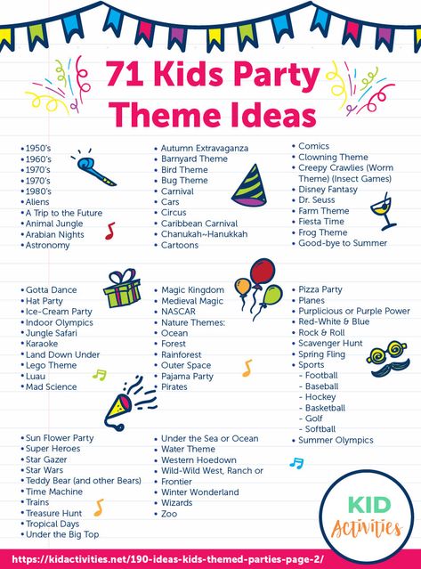 An infographic with 71 kids party theme ideas. #PartyThemes #Birthday #BirthdayPartyIdeas #KidsParties Party Theme Ideas, Cute Birthday Ideas, Kids Themed Birthday Parties, Bday Party Theme, Birthday Activities, Kids Birthday Themes, 2nd Birthday Party Themes, Birthday Party Activities, Birthday Party Planning