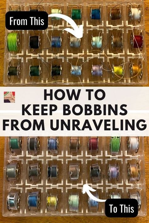 This quick sewing tip shows how to use inexpensive, clear plastic tubing as a bobbin thread holder and stop thread from unraveling. Storing Sewing Trims, Sewing Thread Holder Ideas, Couture, Organizing Thread And Bobbins, Thread And Bobbin Storage Diy, Sewing Bobbin Storage Ideas, Bobbin Storage Diy, Spool And Bobbin Storage, Fabric Holder Ideas