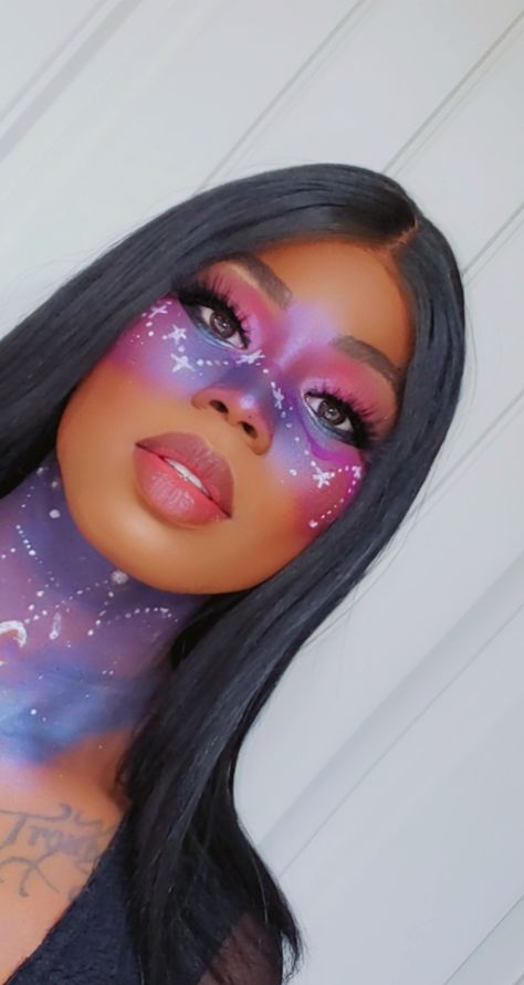 Space Themed Makeup Looks, Cute Space Makeup, Galaxy Makeup Look, Space Make Up Galaxy Makeup, Galaxy Face Makeup, Space Makeup Futuristic Make Up, Blue Witch Makeup, Out Of This World Makeup, Ramp Makeup Looks