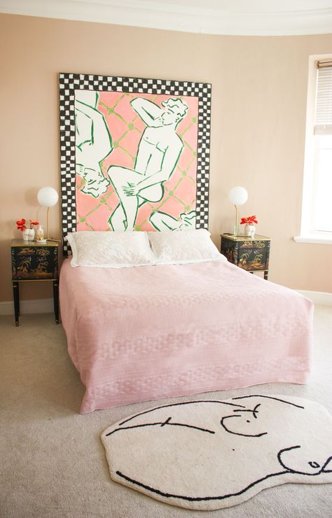 The bedroom- HarpersBAZAARUK Dark Brown Walls, Hand Chair, Anissa Kermiche, Floating Bookshelves, Bright Apartment, London Home, Man Repeller, Brown Walls, Jewellery Designer