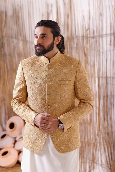 If it irks you to dress up for occasions like the 'nikkah ceremony' where you are supposed to dress formally without being too formal, then try the unbeatable combination of shalwar kameez with the coat. Putting on a nice coat with shalwar kameez will give you an aura of grace without taking away your ease. Handmade Men's Formal Prince Coat. Men Formal Prince Coat with Gold Mesuri Embroider Men's Waistcoat, Coat Men Wedding, Men Shalwar Kameez, Poor Clothes, Nikkah Ceremony, Prince Coat, Mens Fashion Coat, Waistcoat Men, Coat Men