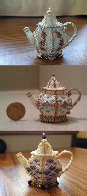 These adorable teapots were made by Kathy Picken from Twain Harte, California.  Aren't they wonderful? Seed Bead Stretch Bracelets, Beaded Bracelet Tutorial, Bead Stretch Bracelets, Seed Bead Projects, Seed Bead Crafts, Beaded Beads, Beading Crafts, Beaded Boxes, Seed Bead Patterns