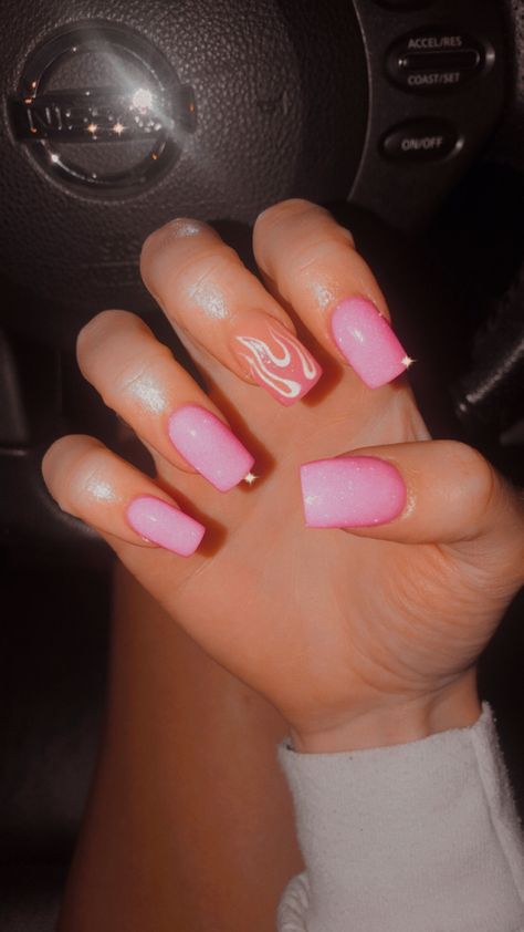 Pink Fire Nail Art, Hot Pink Nails With Flames, Hot Pink Flame Nails, Pink Fire Nails, Pink Flame Nails, Pink Flames, Mini Cowboy, Flame Nails, Firework Nails