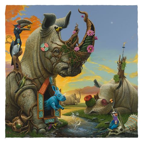 Pop Surrealism, Animals Surrealism, Animal Surrealism, Old Encyclopedias, Rhino Animal, Spoke Art, Surrealism Painting, Mural Painting, Fantastic Art