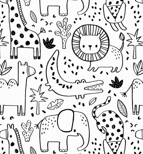 Wendykendalldesigns on Instagram: “Linear jungle print … soon to be coloured in 🤗#kidsbedroom #kidsfashion #kidsprint #junglekids #patternrepeat #monojungleprint #wendykendall” Jungle Animals Drawing, Jungle Doodle, Kids Pattern Design, Kids Fabric Prints, Baby Flash Cards, Kids Graphic Design, Safari Pattern, Safari Kids, Painted Patterns