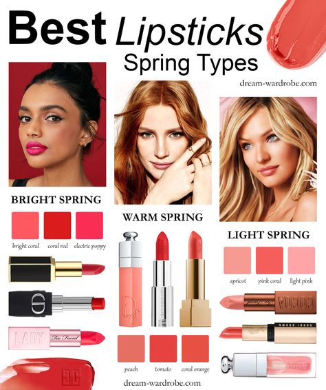 Winter Shopping Guide for the Spring Color Types – Dream Wardrobe True Spring Best Colors, Spring Skin Tone Makeup, True Spring Eye Makeup, House Of Colour Spring Lipstick, Light Spring Lipstick Colors, Makeup For Bright Spring, Clear Spring Color Palette Makeup, Spring Palette Makeup, Warm Spring Lipstick