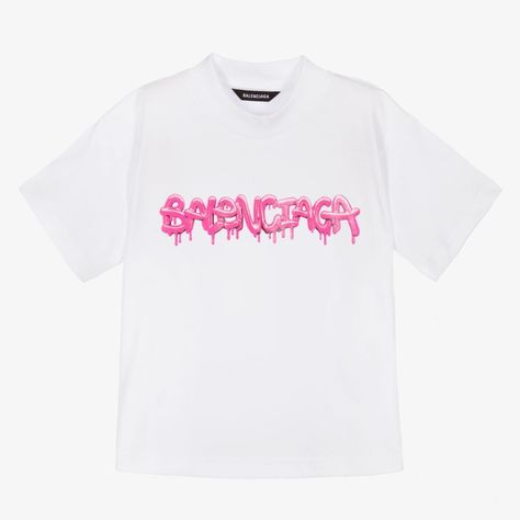 Girls and boys white T-shirt from luxury brand Balenciaga, made in soft and stretchy cotton jersey. It has a bright pink slime logo print on the chest and a crew neckline. Balenciaga Tshirt Outfit Women, Pink Tshirt Design Ideas, Slime Logo, Balenciaga Tshirt, White Slime, Daughter Style, Pink Balenciaga, Valentines Day Post, Balenciaga White