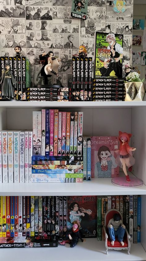 Manga Panel Room Decor, Manga Shelf Organization Ideas, Manga Collection Display, Demon Slayer Manga Shelf, Manga Display Ideas, Manga Shelf Organization, Manga Shelf Ideas Small, Manga Display Shelf, Small Manga Shelf